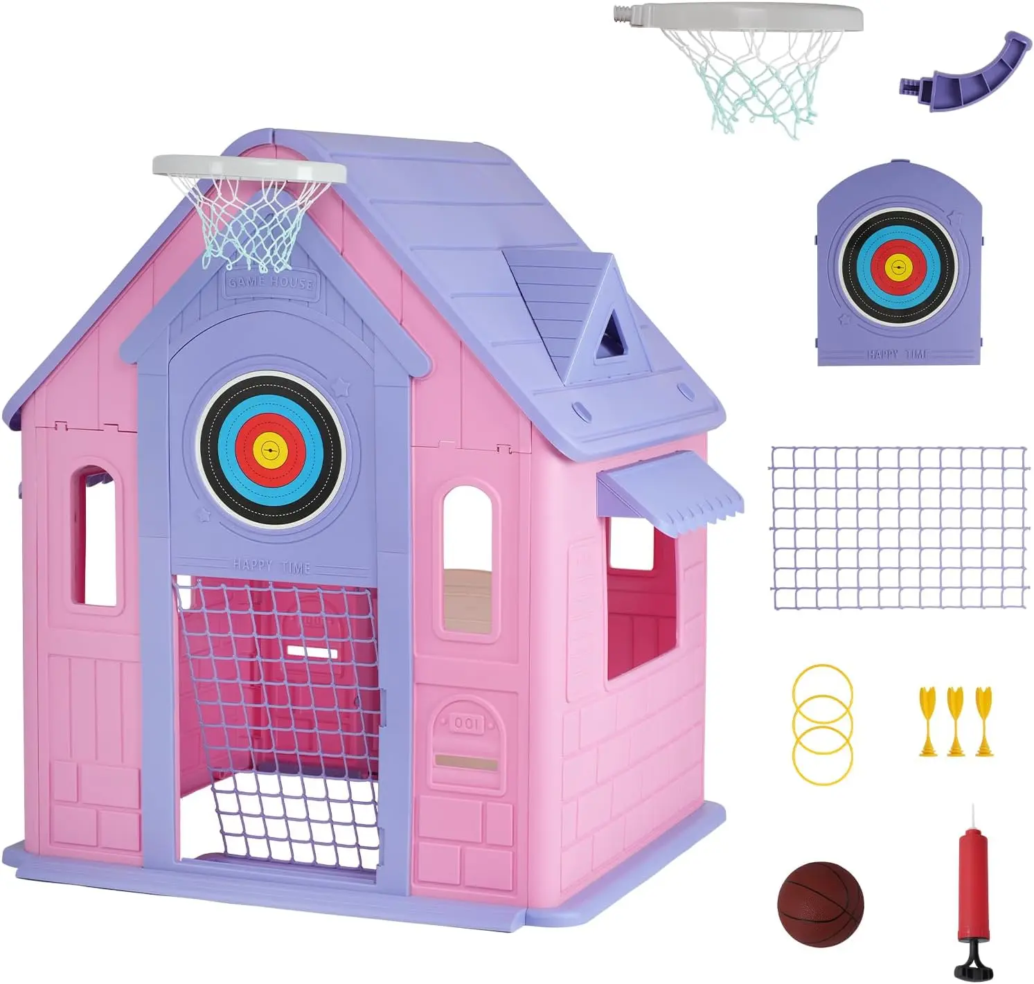 GAOMON Purple Cottage Play House Set - Unisex Indoor Outdoor Playset for 2 and Up with Magnetic Dartboard, Basketball Hoop, Ring Toss, Soccer Goal, Storytelling Pretend Active Play