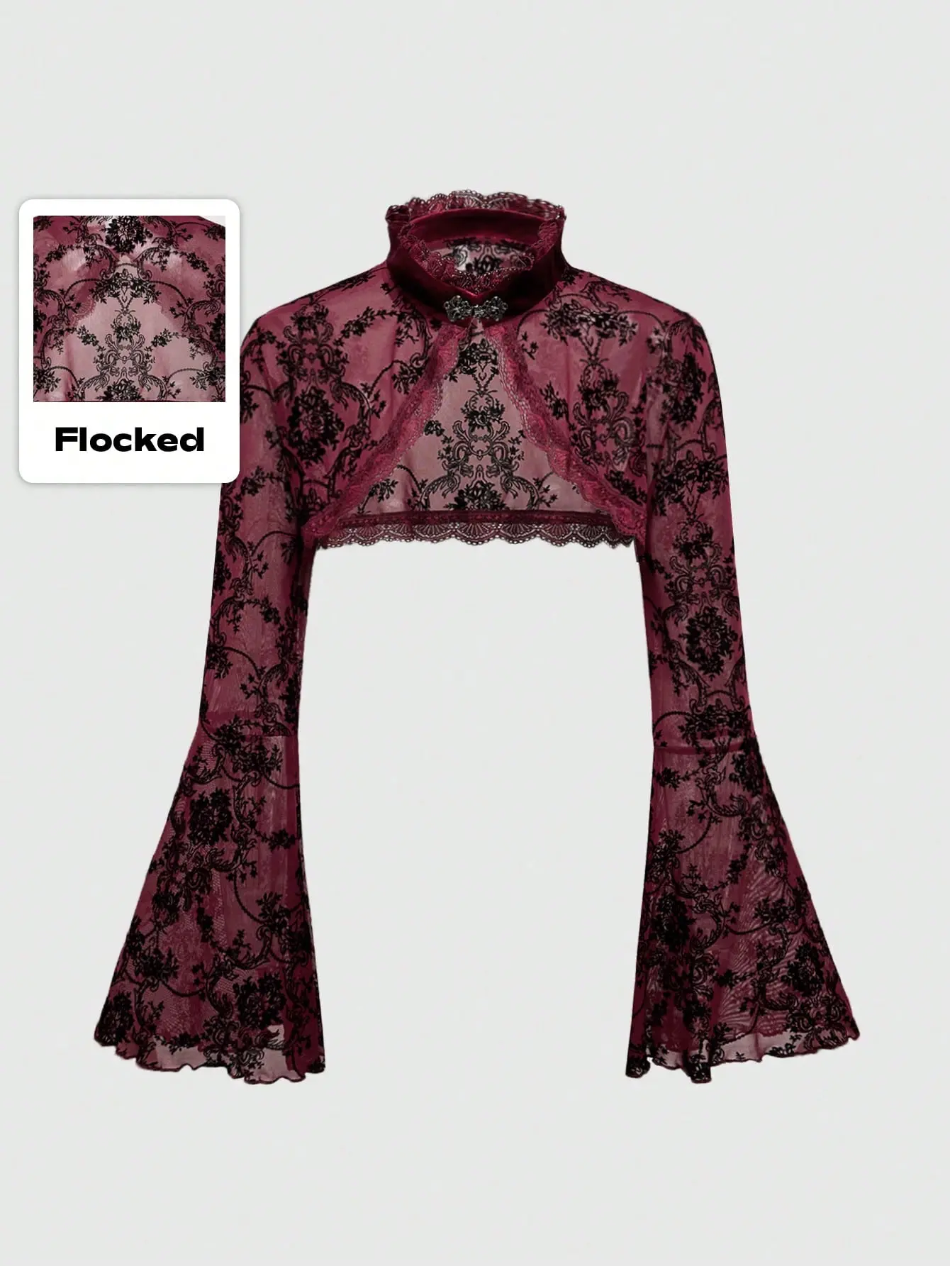 LALUZ Gothic Versatile Slit Bell Sleeve Women Retro Flocked Black Lace Top Sheer Mesh Long Sleeve See Through Victorian Blouse Grunge Clubwear