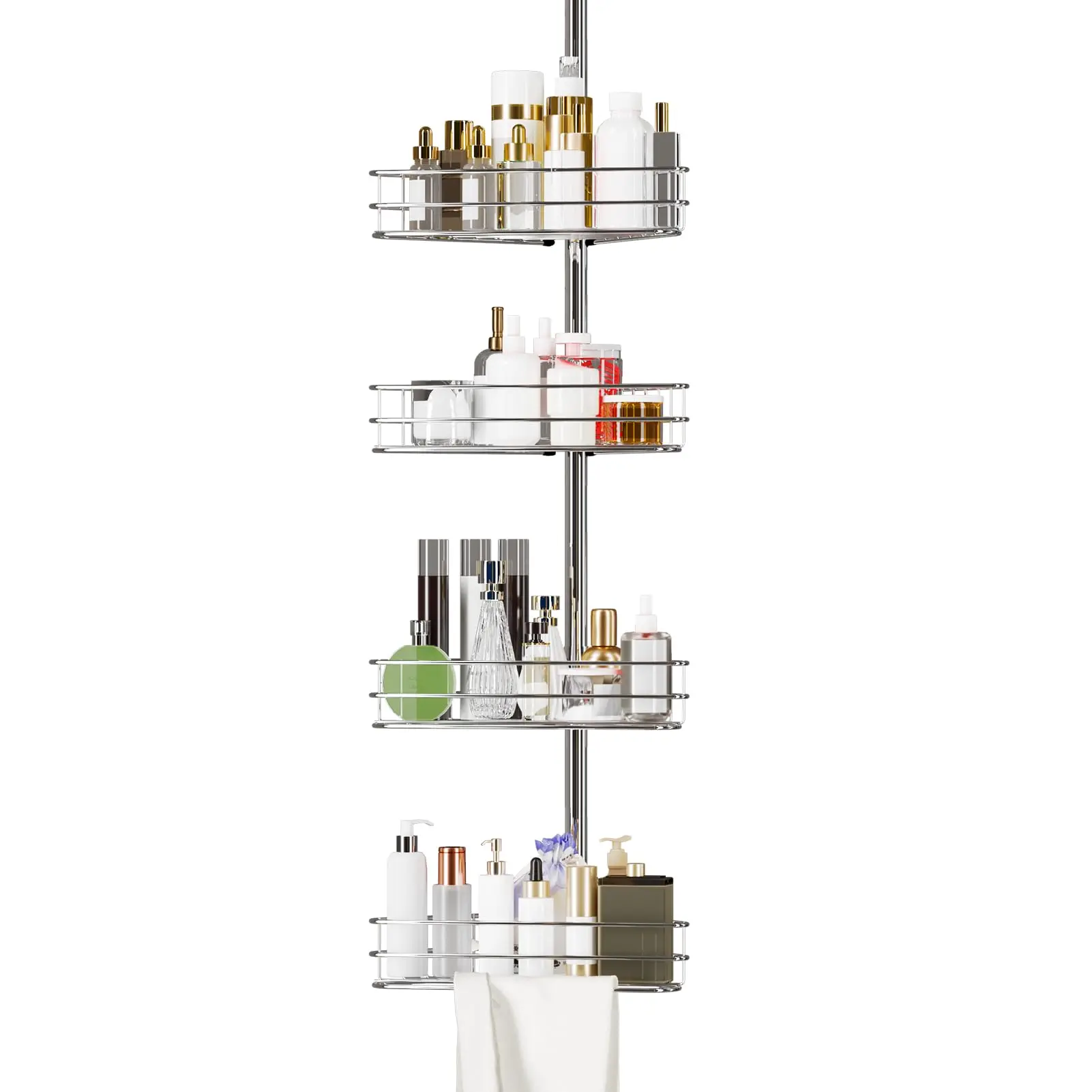 Garvee Corner Shower Caddy Tension Pole, Adjustable 76-110 Inch 4-Tier Rustproof Bathroom Organizer with Towel Bars, Space-Saving Silver Shower Shelves for Efficient Bathroom Storage