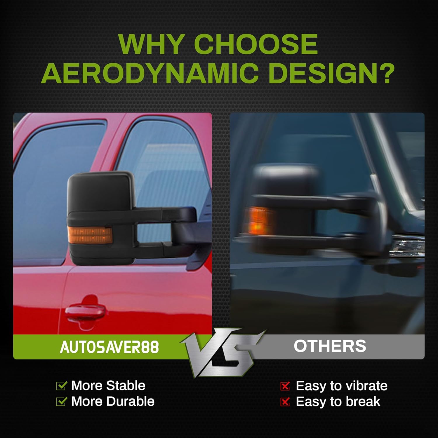 YITAMOTOR Towing Mirrors Compatible with 2007-2013 Chevy Silverado GMC Sierra 1500 2500HD 3500HD Extendable Power Heated Amber LED Turn Signal Manual Telescoping Folding Black Housing