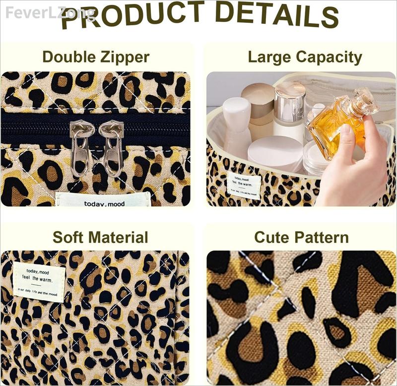 Floral Quilted Makeup Organizer Set Padded Cotton Cosmetic Bag Set in Leopard Print for Travel and Storage pattern multifunctional