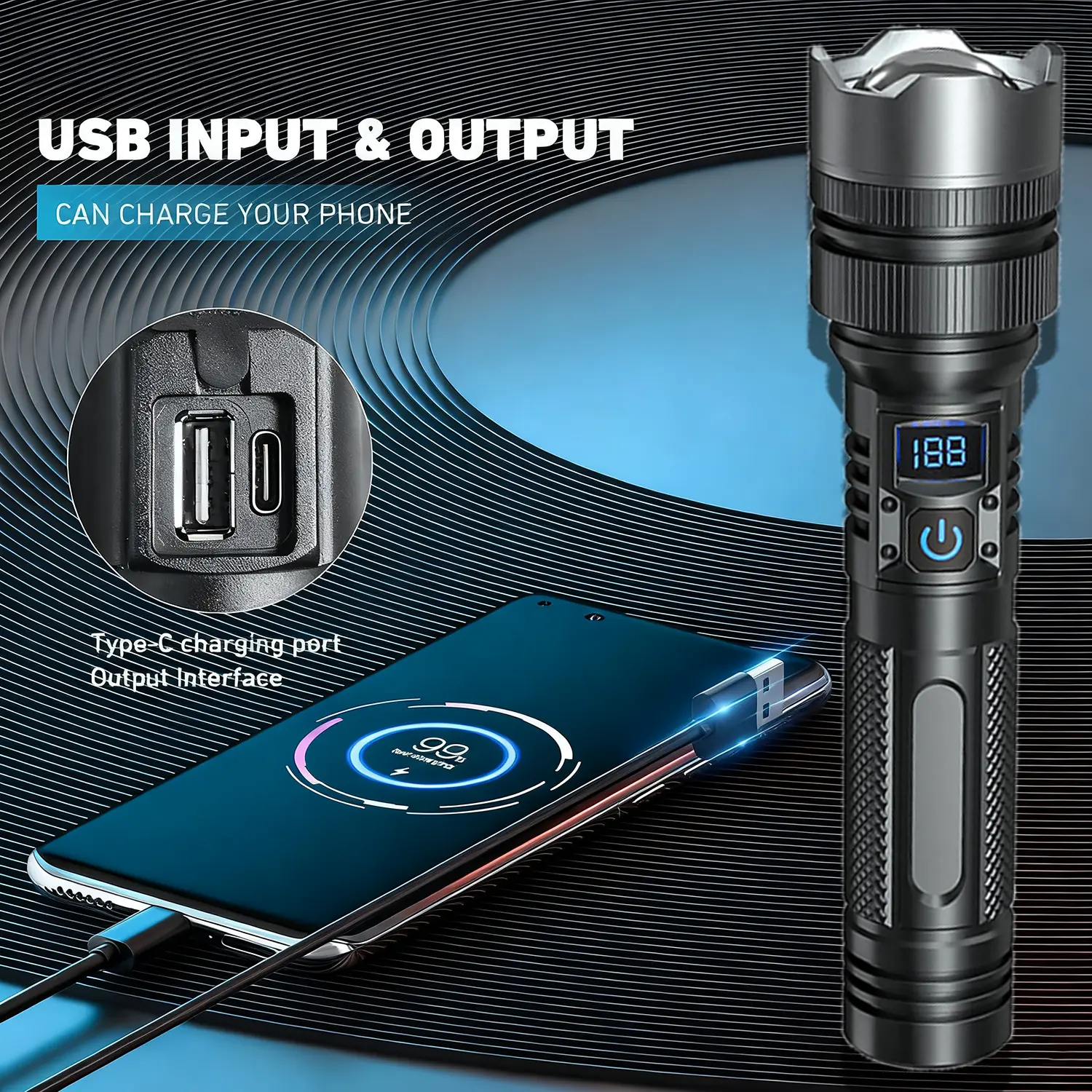 Super Bright High Lumen Rechargeable LED Flashlight, 2000LM, Phone Charging Function, Digital Power Display, Zoomable, IP4 Waterproof, Adjustable Brightness, for Outdoor Emergency Camping & Job Site Lighting, Super Bright Flashlight, High Lumen Flashlight