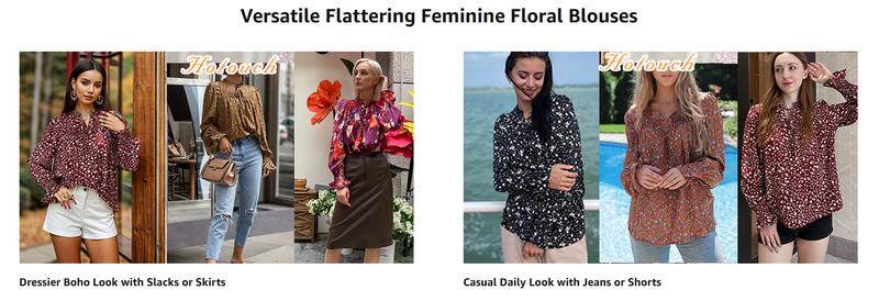 Womens Long Sleeve Tops Boho Floral Printed Blouses Casual V Neck Pleated Drawstring Peasant Shirts