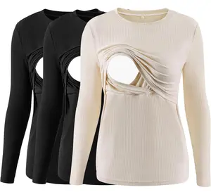 Ribbed Nursing Tops | Long Sleeve Maternity & Breastfeeding Shirts, Double Layer (3-Pack)