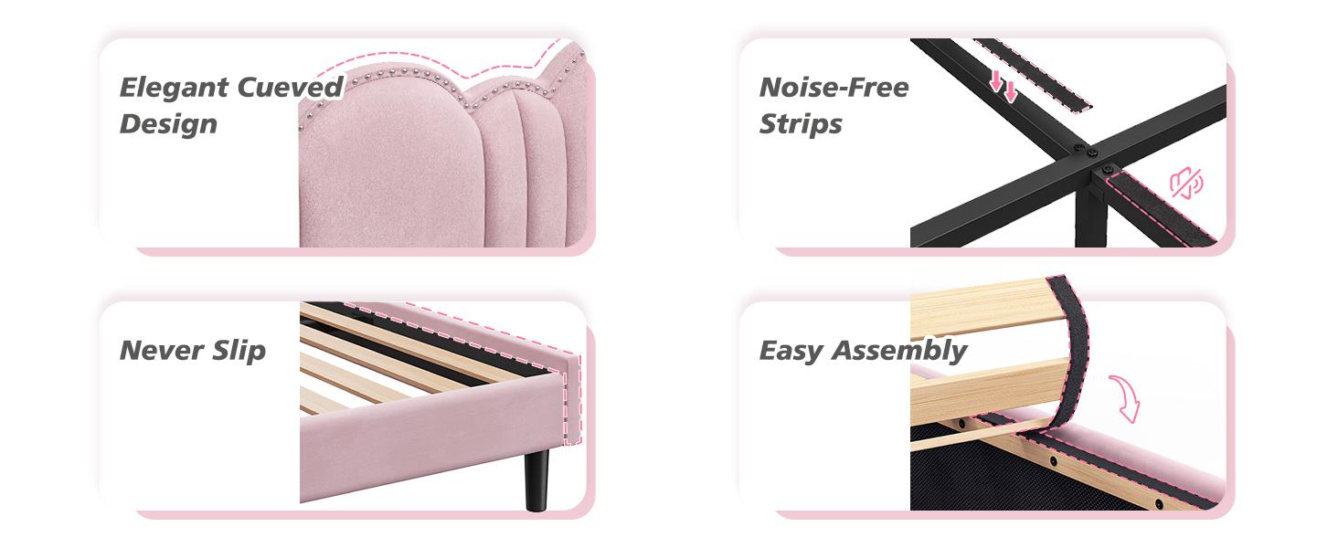 Raybee Furniture Pricess Bed Frame with Led Light, Elegant bed Frame with Headboard Adjustable, Upholstered Bed Frame, No Box Spring Needed