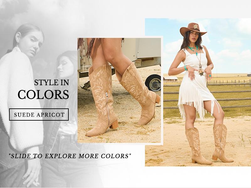 IUV Cowboy Boots For Women Knee High Boots Pointy Toe Women's Western Boots Side Zipper Chunky Heel Cowgirl Boots