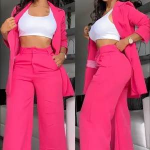 European and American Style Women's Fashion Elegant Solid Color Split Sleeve Lapel Blazer with Pocket Straight Pants Set Pink Suits