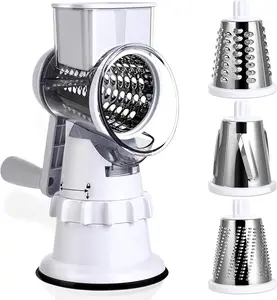 Rotary Cheese Grater Hand Crank Vegetable Slicer with 3 Stainless Steel Blades for Fruit Vegetables Nuts White Kitchen Tool Safe Easy Clean