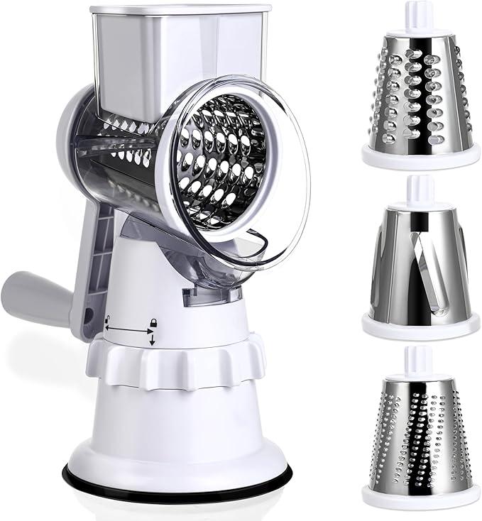 Rotary Cheese Grater Hand Crank Vegetable Slicer with 3 Stainless Steel Blades for Fruit Vegetables Nuts White Kitchen Tool Safe Easy Clean