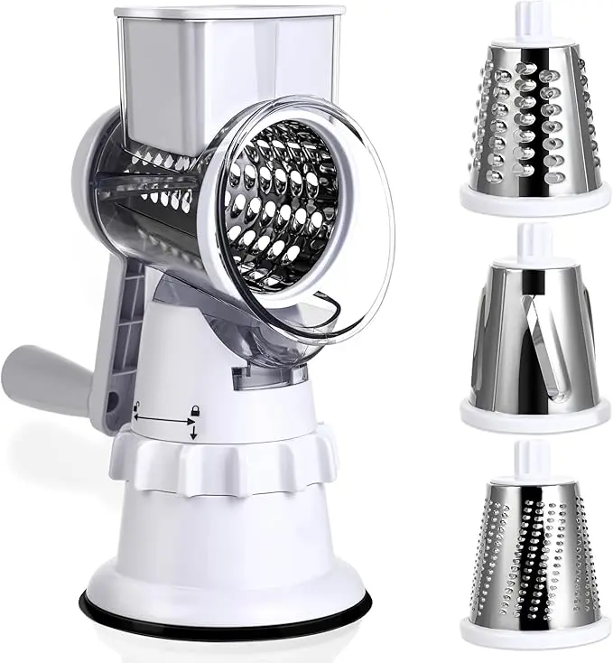 Rotary Cheese Grater Hand Crank Vegetable Slicer with 3 Stainless Steel Blades for Fruit Vegetables Nuts White Kitchen Tool Safe Easy Clean