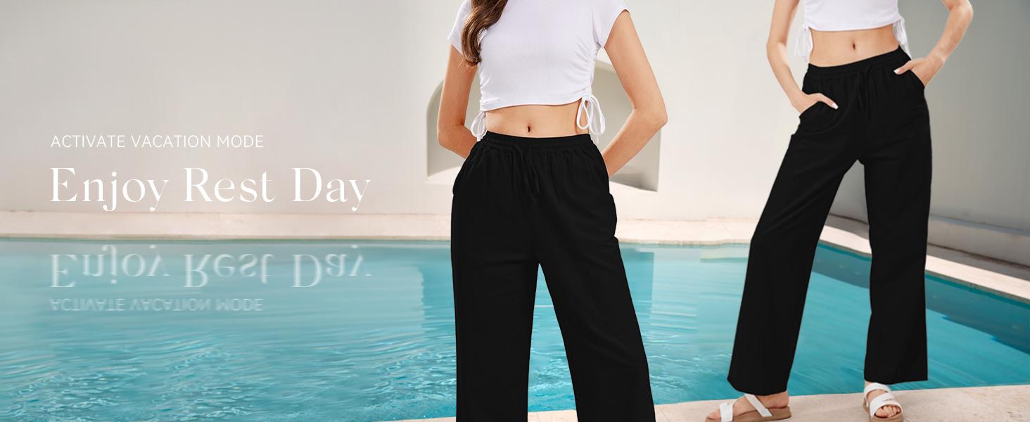 【New Arrival】Ebossy Women's Khaki Cotton Linen Palazzo Pants with Drawstring Waist Wide Leg Loose Fit for Beach Yoga & Casual Outing Wideleg Minimalist