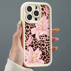 Leopard And Pink Lilies Soft TPU Full Coverage Anti Drop Phone Case Suitable for IPhone 17 16 15 14 13 12 11 X XS Pro Max Plus, Samsung Galaxy S25 S24 S23 S22 S21 Shockproof Phone Case
