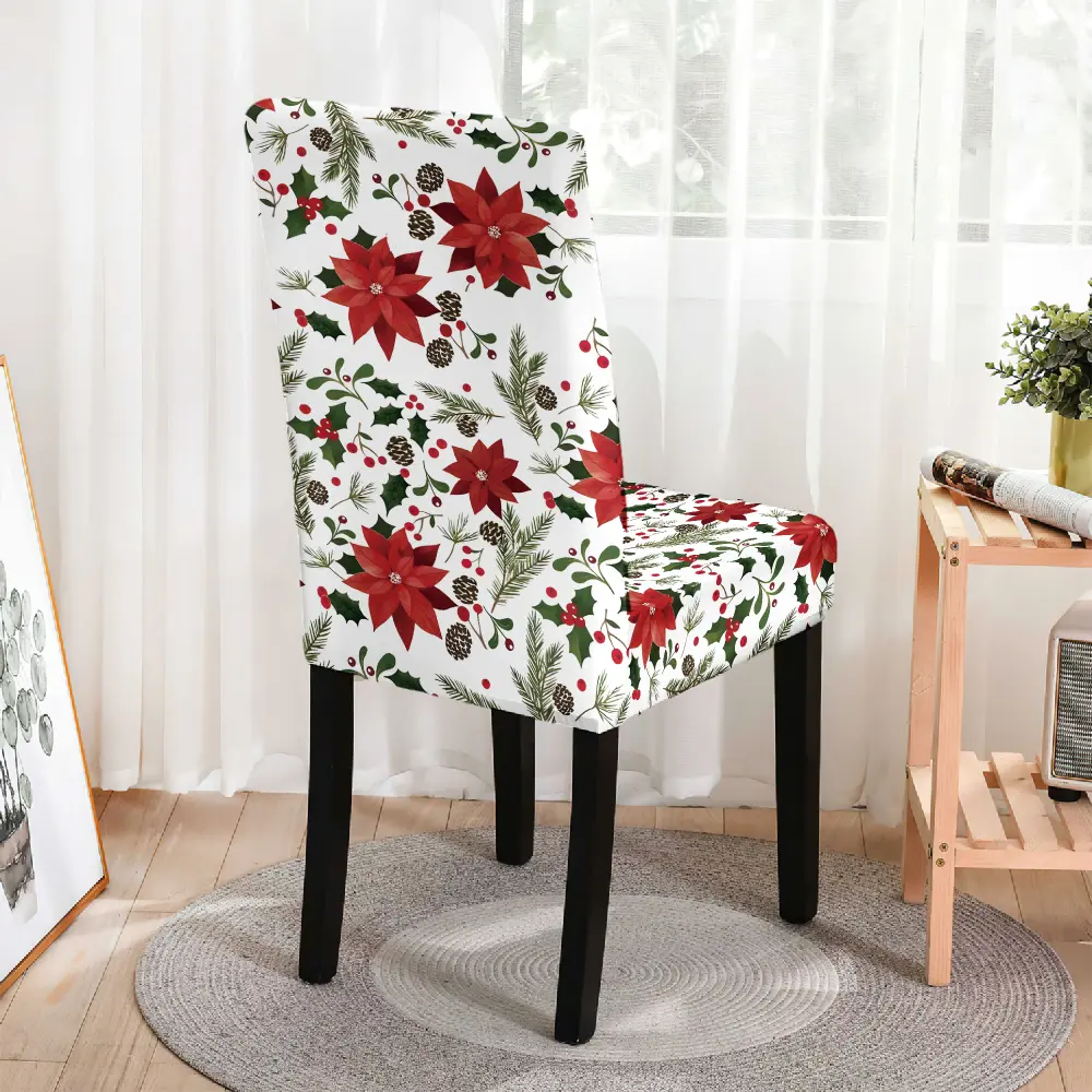 Poinsettia Holly Christmas Dining Chair Covers, Floral Xmas Stretch Parsons Chair Slipcovers Set 4PC/6PC
