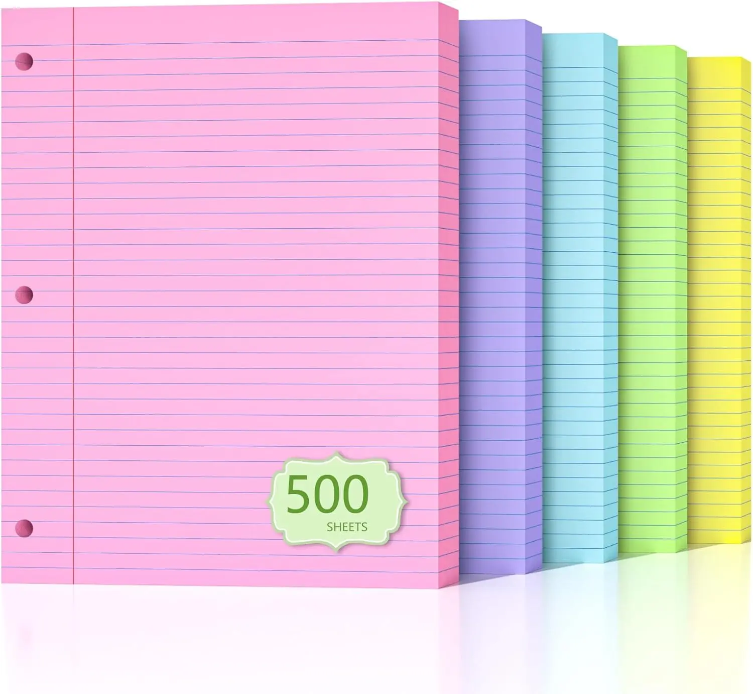 Loose Leaf Paper 500 Sheets 8" x 10.5" Colored Filler Paper College Ruled 3-Hole Punched Lined Paper Notebook Paper 3-Ring Binders