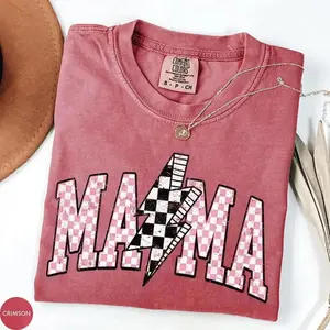 Comfort Colors Mama T-Shirt, Checkered Lightning Bolt Graphic Tee, Relaxed Fit Casual Summer Shirt, Soft Cotton Everyday Gift for Moms - AMBER