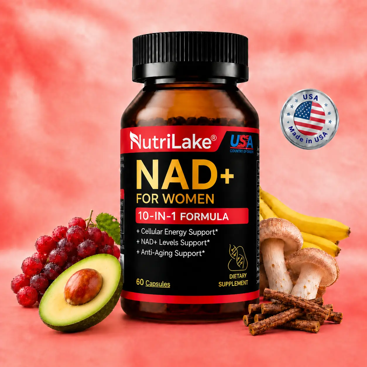 NutriLake NAD+ Supplements for Woman Anti-Aging ,Wrinkle Defense Capsules – Trans-Resveratrol,CoQ10,PQQ,Ergothioneine-Super Blend,Supports Cellular Health,Energy & Skin Revitalization – 60 Capsules Healthcare Nutrition Supplements
