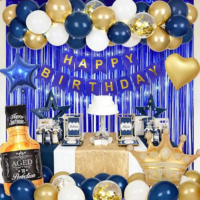 57pcs Mix Set 2D Flat Blue-Golden Happy Birthday Navy Royal Polyester Backdrop (3.3Ft * 6.6Ft, 9.8ft), Star, 10inch Colorful Men's Golden Dot Balloon, Confetti, Diamond Sparkle Party Banners, Photography Background Decor for Photo Shoots