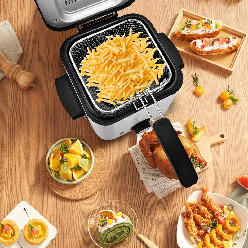 SUSTEAS Deep Fryer with Basket 1500W Electric Fryer 2.5L/1.5L Non-Stick Inner Pot Temperature Control Removable Lid Easy Clean Cooker for Small Households