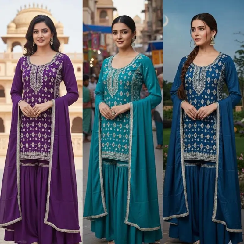 EMBROIDERY REAL CHINON SALWAR KAMEEZ SIZE 48 Sharara and Dupatta in Purple Teal and Royal Blue Colors with Delicate Embroidery