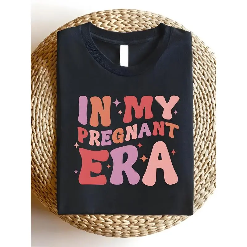1Pc In My Pregnant Era T-Shirt -  Crew Neck Tee, Casual Street Style, All-Season Short Sleeve Top With Heat Transfer Print, Loose Fit Flared Hem, Knit Fabric Pullover For Adults, Cute Holiday Pregnancy Shirts