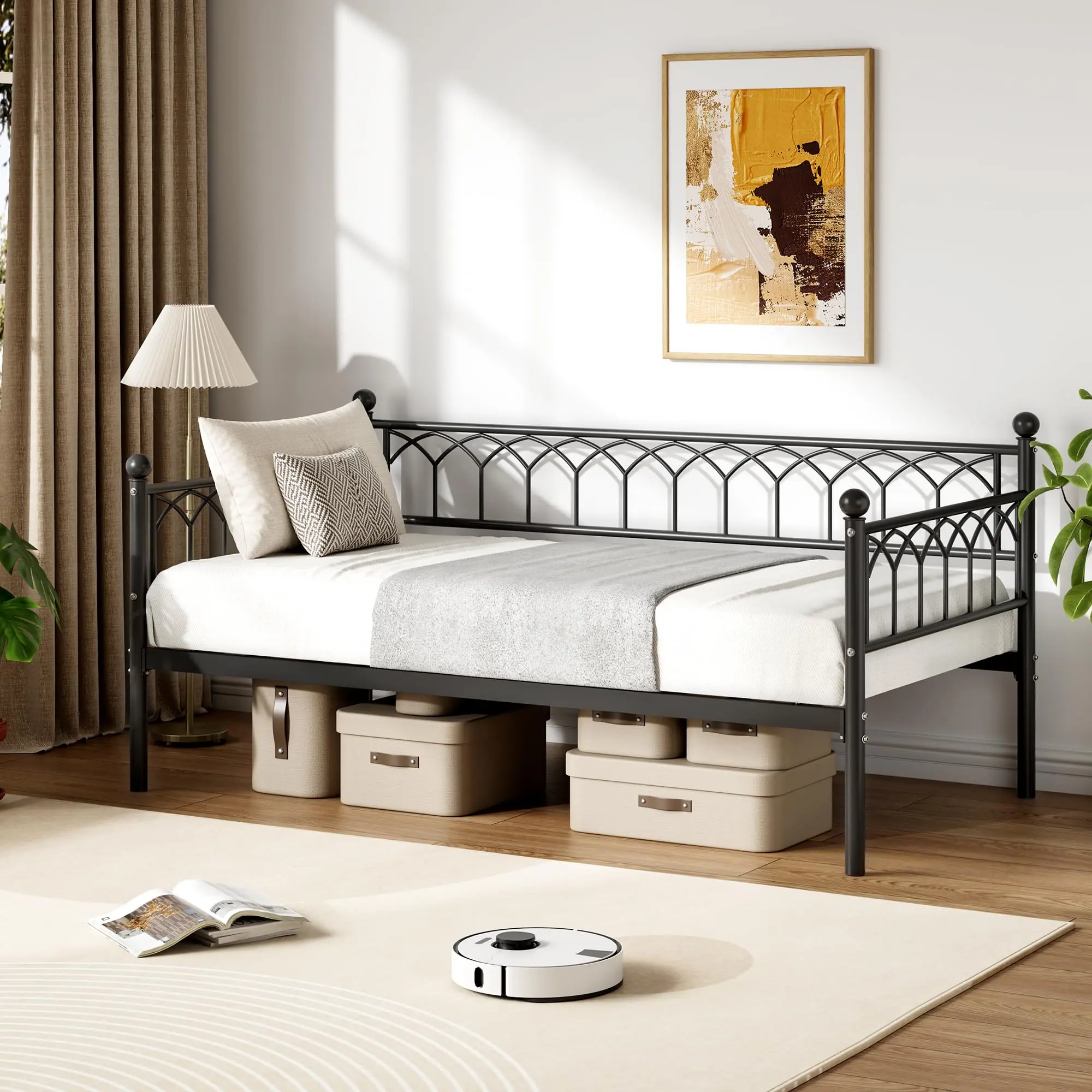 YJ-Garvee Twin Size Daybed, Sofa Bed Frame with Metal Steel Slat Support,  Heavy Duty Metal Bed Frame, Space Saving, Easy Assembly, for Small Spaces, Living Room, Bedroom, Apartment, Black