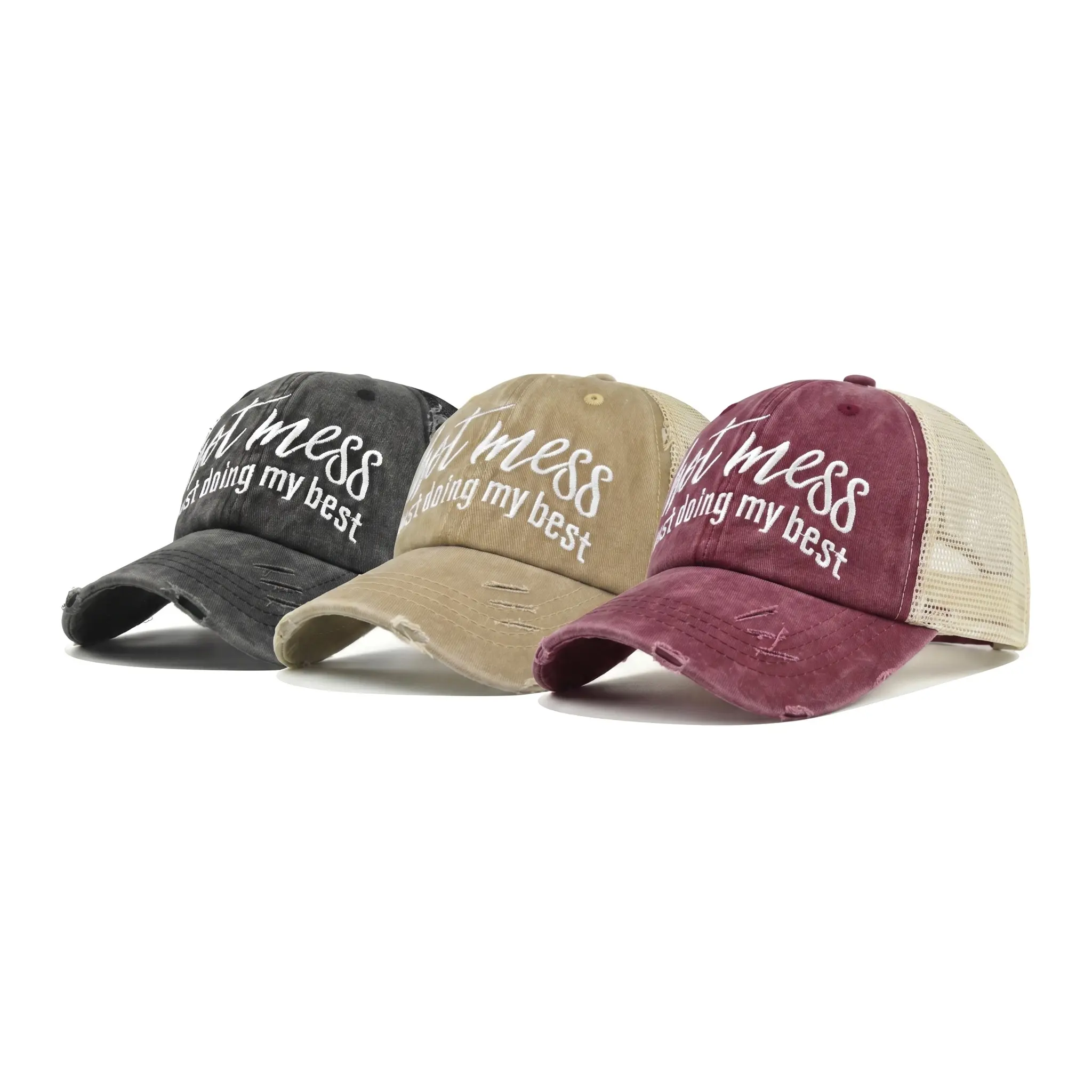 Women's Ponytail Baseball Hat - Hats for Women with Embroidery, Mesh Panels, Open Top, Adjustable Fit, Breathable Sun Protection for Summer Outdoor Wear Casual Trucker Cap
