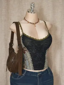 ICON Y2k Women's Plus Size Sexy Bohemian Retro Pattern Renaissance Fashion Floral Print Contrast Lace Paneling Slim Fit Camisole
