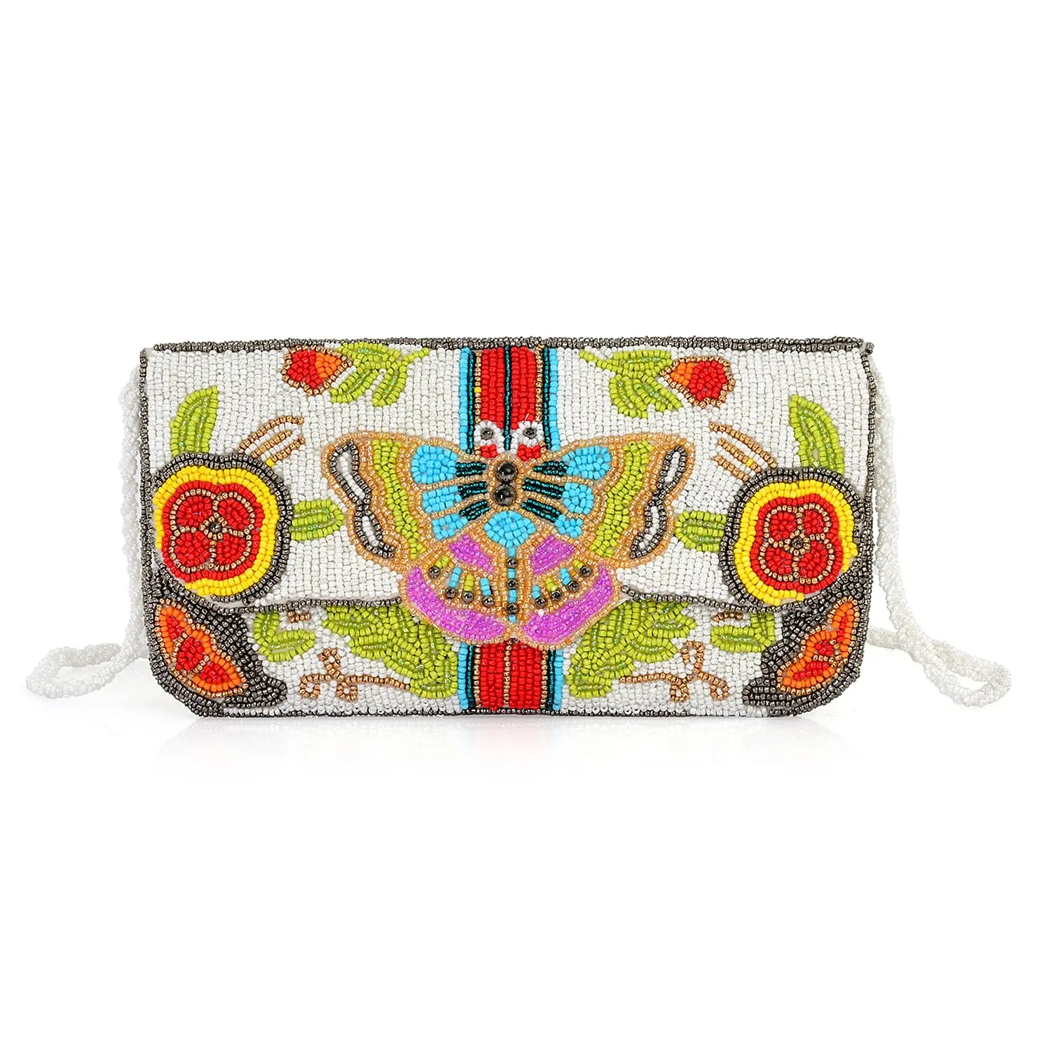 La Marey White Bead Work Genuine Leather Sling Bag (9"x5.5") with Shoulder Strap