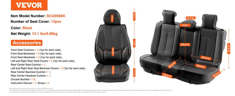 VEVOR Seat Covers, TikTokShopBlackFriday, Universal Car Seat Covers Full Set Seats, Front and Rear Seat, 13pcs Faux Leather Seat Cover, Full Enclosed Design, Detachable Headrest and Airbag Compatible, for Most Car SUV Truck