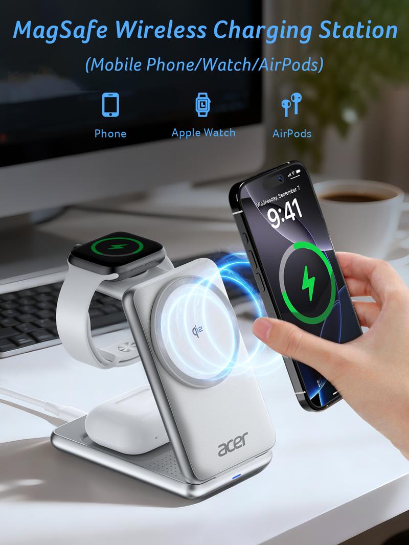 Acer 3 in 1 Wireless Charging Station, MagSafe Charger Stand Compatible, Qi2 15W Certified Palm-Sized Foldable Charger for iPhone 17/16, Apple Watch, AirPods (Non-Battery, Adapter Included)
