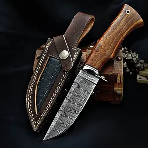 Durable Damascus Steel Knife with Leather Sheath, Fixed Blade, Skinning, Non-Slip Wooden Handle, For Camping, Survival