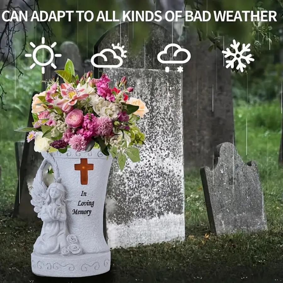 White Religious Heaven Angel Wing Cross Synthetic Figurine - Solar LED Light Resin Vase Ornament, Graveyard Bereavement Memorial Gift for Relatives (Figurines, Statues & Bobbleheads Category)