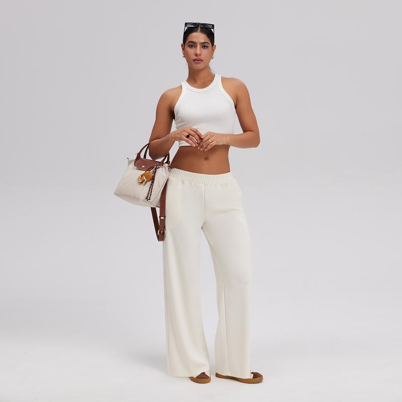 OQQ Women's Low Waist Wide Leg Lounge Pants With Pockets Soft Stretchy Casual Sweatpants Basic Comfort Straight Pants Everyday Bottom Minimalist Trouser