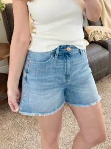 Judy Blue High Waist Western Pink Embroidery Detail Cutoff Denim Shorts 150147, Stretchy Cotton Comfort Womenswear, Line Dancing Jean Bottom
