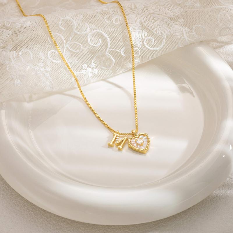 Tewiky 14K Gold Plated Letter Zircon Heart Shape Pendant Necklace for Women Trendy Letter Heart Necklace Valentines Gift