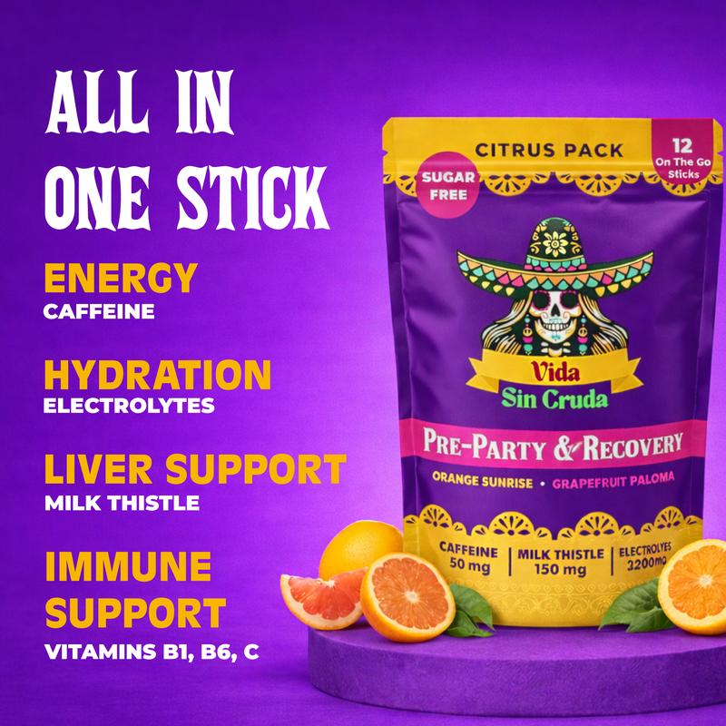 GrapeFruit Pre-party Power Hydration 3 On-The-Go Sticks with 150mg Milk Thistle, 3200mg Electrolytes, & 50mg Caffiene