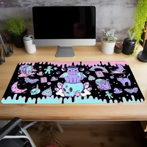 Kawaii Gothic Ouija  Design Desk Mat, 1 Count Large Gaming Desk Mat, Office Cute Desk  Poccessories, Non-slip Rubber Base Stitched Edge Desk Pad for Home Office Game