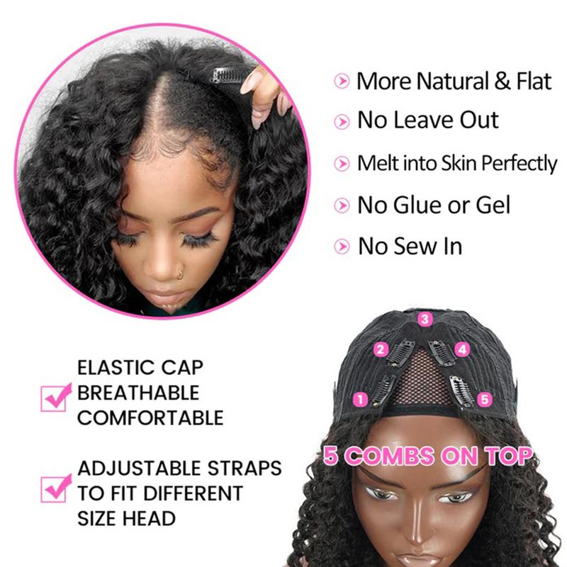 MORE FACE V Part Bob Wig Glueless Kinky Curly Human Hair Wigs With No Leave Out 180% Density Curly Human Hair Wigs Beginners Friendly