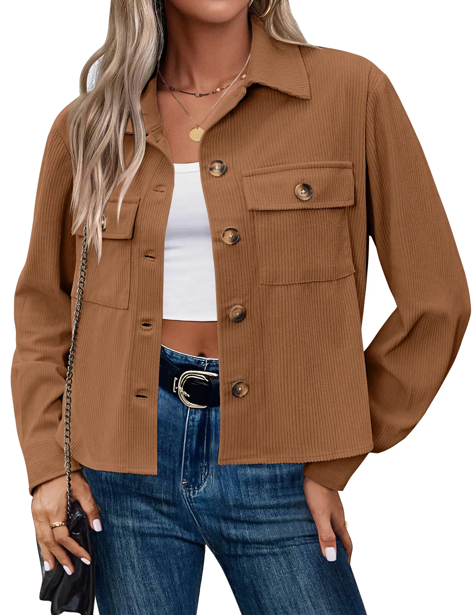 Women's Casual Corduroy Jacket, Cropped Long Sleeve Button Down Shacket, Lightweight Trendy Fall Top, Coats, Basic, Polyester, Fitted, Trending, Fashion Apparel, Solid