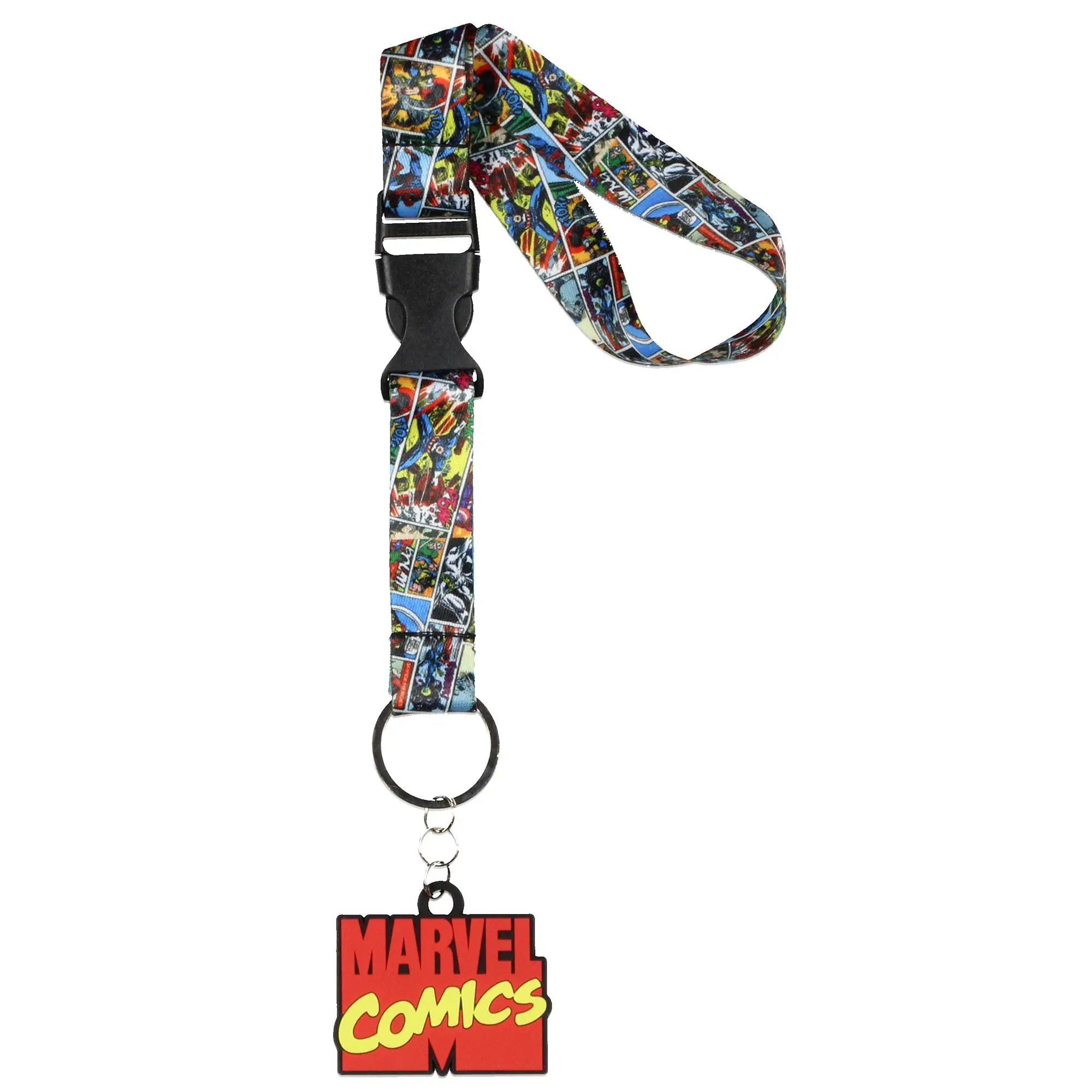 Marvel Comics Keychain Accessory, 2" Rubber Charm Key Fob, 11" Wristlet for Keys with 12" Wrist Circumference, Comic Book Pages Wrist Strap (for Identification Badges & Office Supplies)