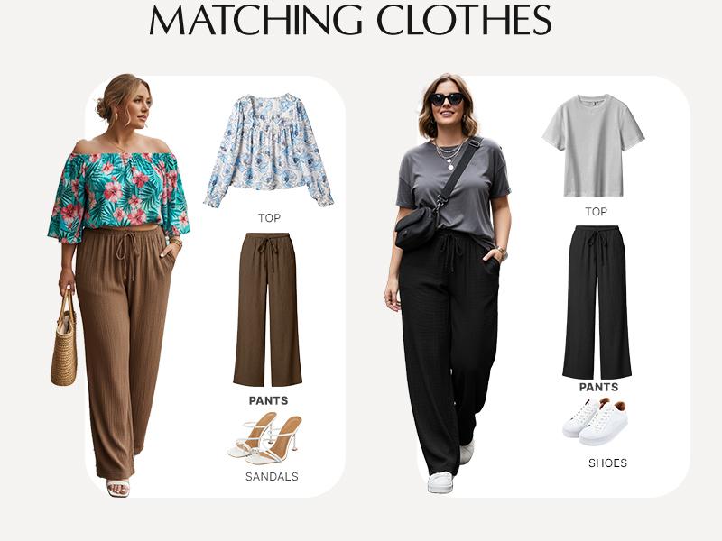 Eytino Womens Plus Size Pants Summer Elastic High Waist Drawstring Casual Loose Wide Leg Trousers Pants with Pockets(1X-8X)