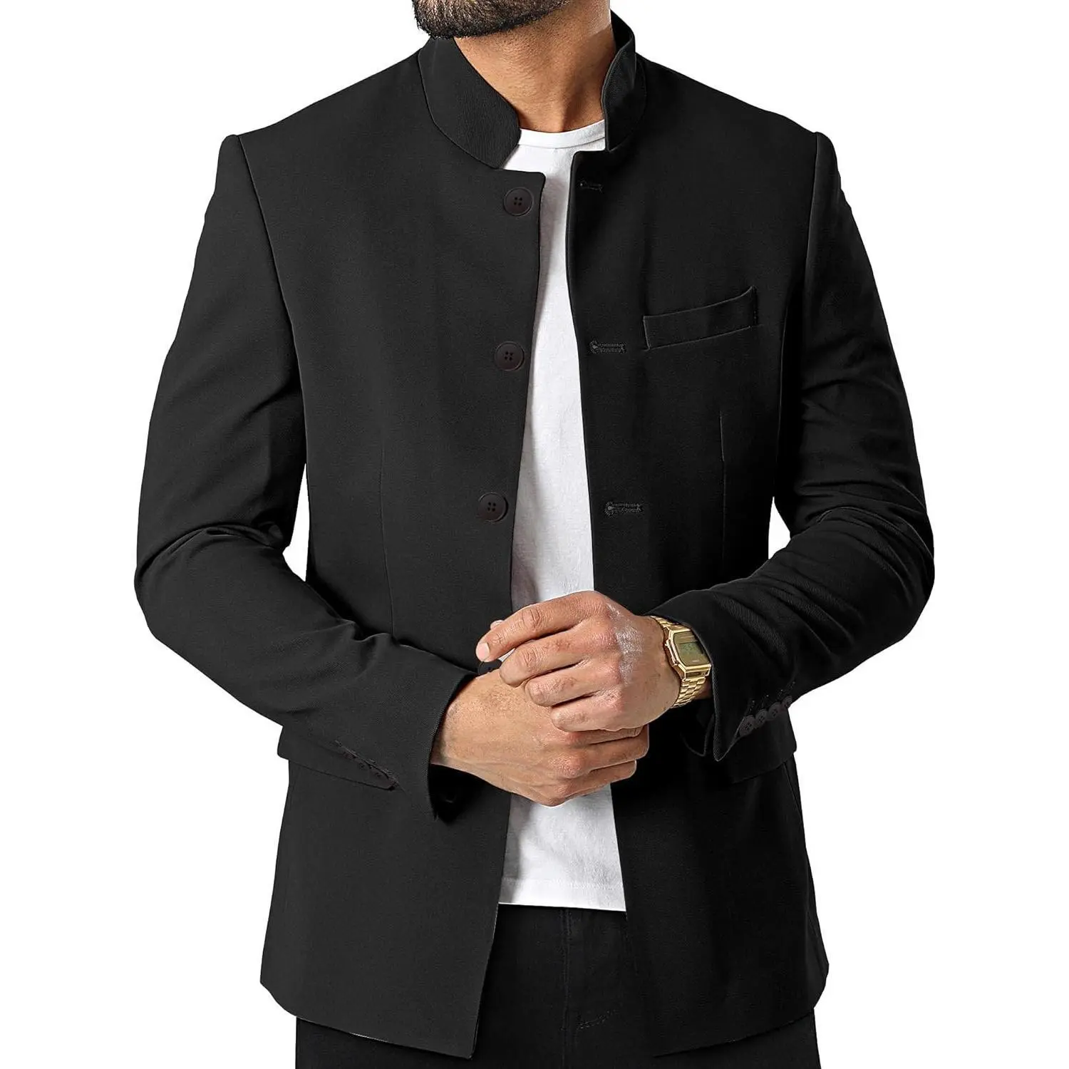 PASLTER Men's Formal Loose Long Sleeve Polyester Blend Mandarin Collar Blazer - Lightweight Lined, Button Closure, Casual Sport Coat Overshirt, Shoulder Padded, 98% Poly+2% Spandex