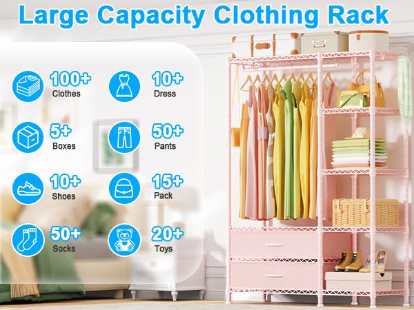 Ulif F3 Heavy Duty Clothes Rack（With Fabric Drawers）Freestanding Clothing Racks for Hanging Clothes，Adjustable Closet Organizer System，Portable Garment Rack 40" W x 15" D x 72" H，Max Load 700LBS