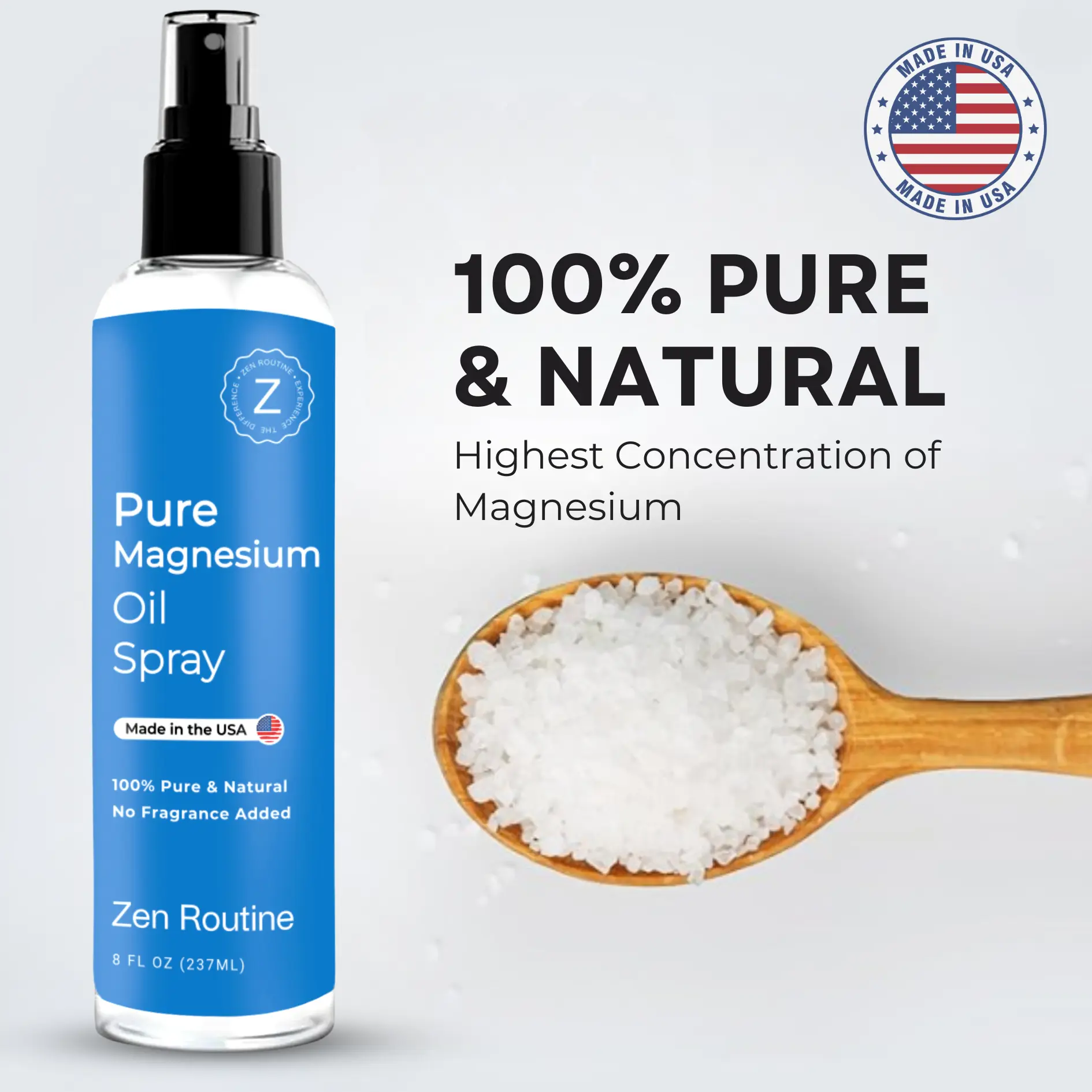 Zen Routine Magnesium Oil Spray - USP Grade Magnesium Chloride for Sleep, Muscle Spasm, Cortisol, Stress Relief, Body Odour and Stress Relief. Restless Legs | Made in USA