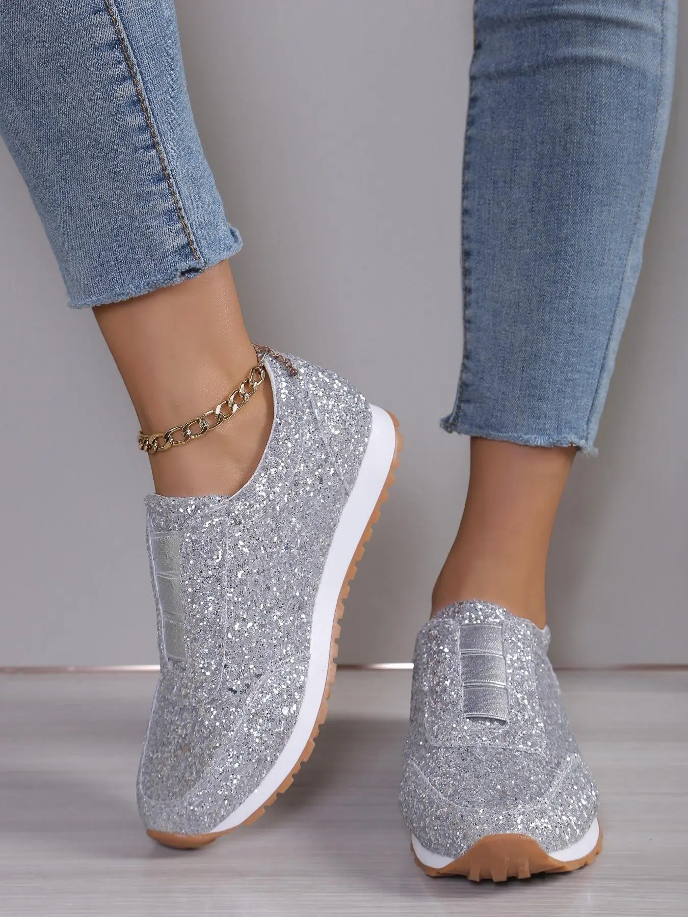 Women's Glitter Sequin Decorated Lace Up Low Top Sneakers, Trending Sneakers, Casual Comfortable Breathable Sports Running Shoes Walking Shoes, All-match Basic Shoes for Daily Wear, Girl, Footwear, Leisure Shoes, Trendy Shoes
