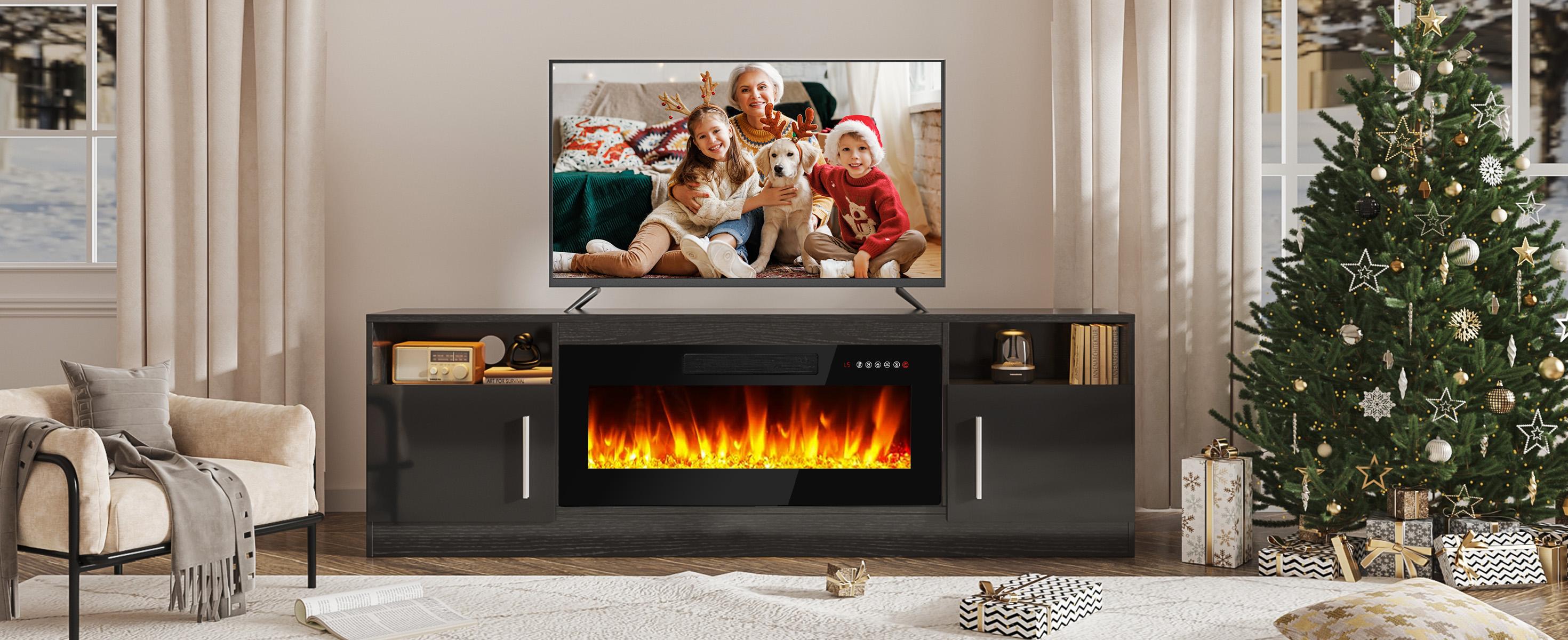 【2 Packages Shipping】Fireplace TV Stand Entertainment Center with Fireplace, Wooden TV Stand for TVs Up to 80",Media TV Console with High Gloss Storage Cabinet and 16 Colors LED Lights
