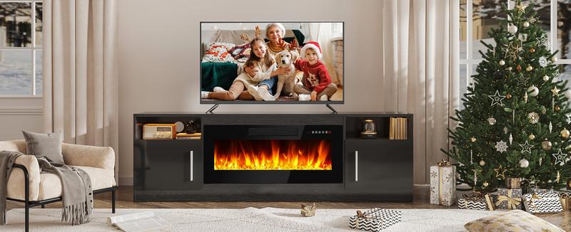【2 Packages Shipping】Fireplace TV Stand Entertainment Center with Fireplace, Wooden TV Stand for TVs Up to 80",Media TV Console with High Gloss Storage Cabinet and 16 Colors LED Lights