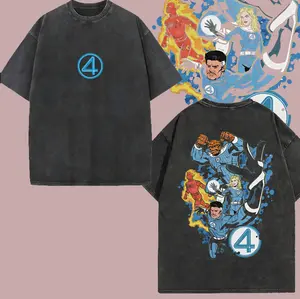 Superstyle "Fantastic 4" The First Superhero Family of MCU Fantastic Four MCU Edition Double Printed Oversize Lightweight Acid Washed Tee TV Series Graphic Design Top Cotton Streetwear Comic Superheroes T-Shirt Clothes Menswear Womenswear