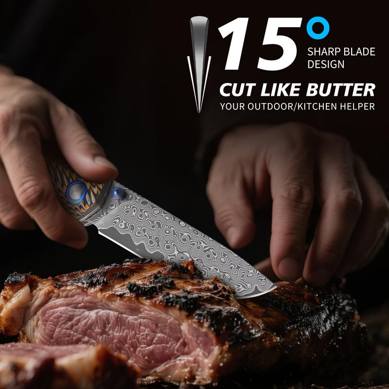 A two-tone G10 Winged Dart folding knife featuring a large Damascus-forged blade—sharp for cutting, portable and durable—ideal for outdoor camping, barbecues, and fishing; collectible grade, an ideal choice for outdoor enthusiasts and as a holiday gift.