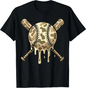 Baseball Drip Camo Baseball Bats Boys Sports Cool Game Day T-Shirt - Crewneck Men Women Youth Boys Girl T-shirt Cotton Fabric